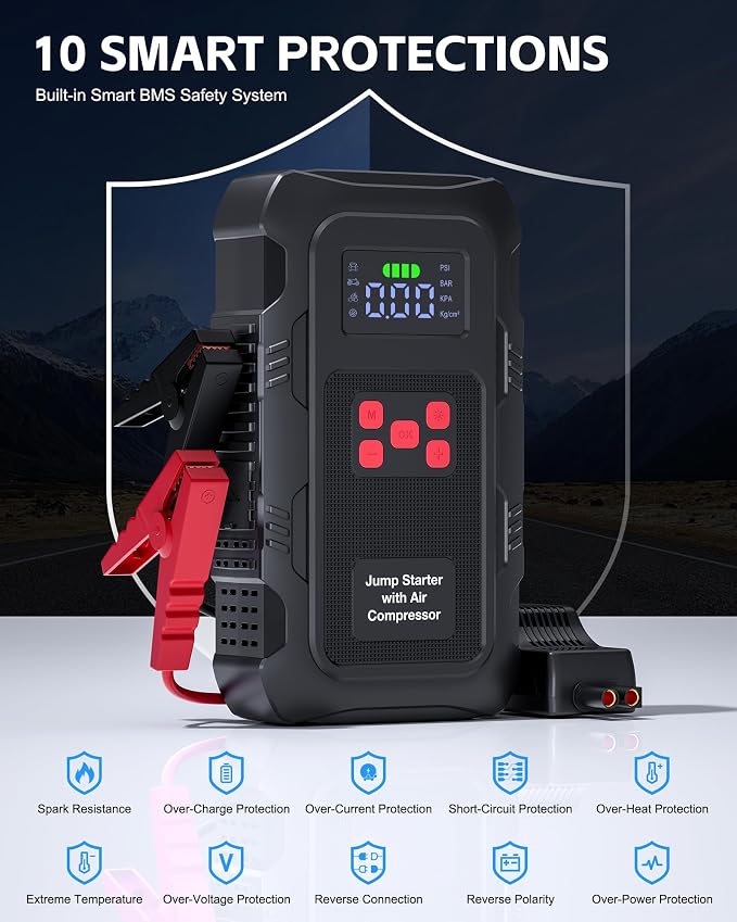 5000A Jump Starter with Air Compressor, Portable Car Battery Jump Starter with 150 PSI Tire Inflator for Up to 10.0L Gas and 8.0L Diesel Engines, 12V Jump Box with LCD Display