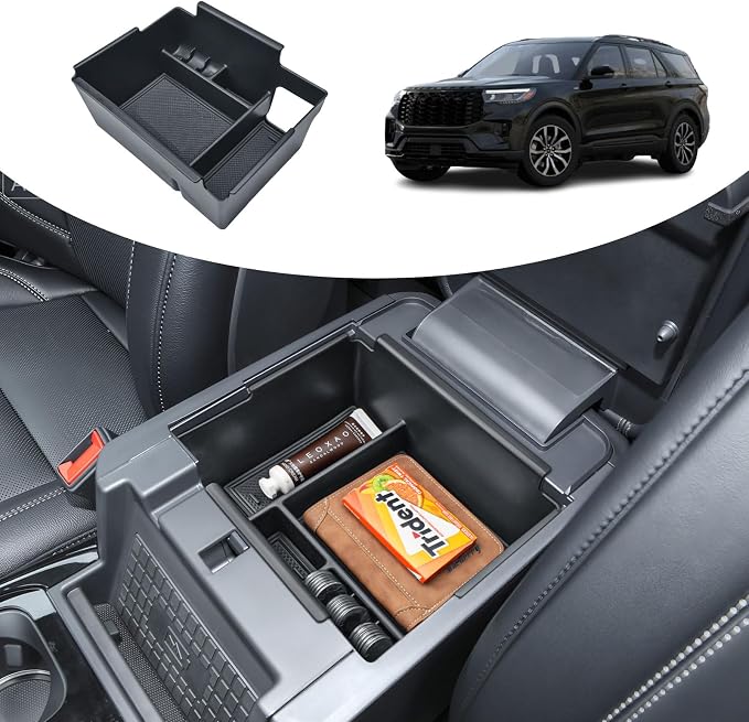 Ford Explorer 2020-2026 Console Organizer Tray, | Easy Access to Charging Port, Armrest Storage Box, Coin Holder & Rubber Mats, Black Trim