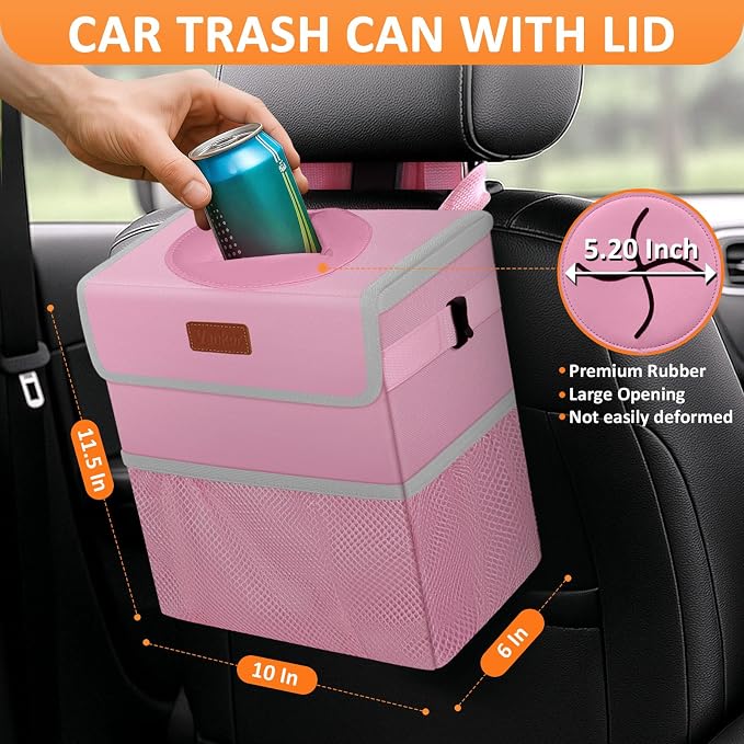 Vankor 3 Gallons Car Trash Can with Lid, Car Trash Bag Bin Hanging Waterproof Automotive Garbage Cans Leak Proof Vehicle Trash Can Pink