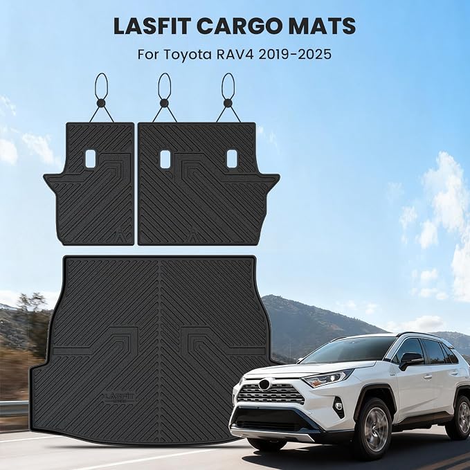 LASFIT Cargo Trunk Mat with Backrest Mats for Toyota RAV4 2025 2024 2023 2022 2021 2020 2019 (Include Hybrid) All Weather TPE Rear Cargo Liner Custom Fit Waterproof RAV 4 Accessories, Black