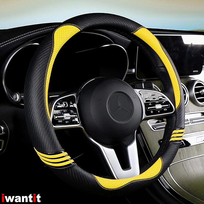 Iwantit® Steering Wheel Covers with Leather and Anti-Slip Rubber Ring, Universal Fit 14.5-15 inches for Cars,SUV (Yellow/Black)