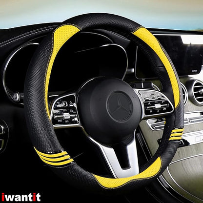 Iwantit® Steering Wheel Covers with Leather and Anti-Slip Rubber Ring, Universal Fit 14.5-15 inches for Cars,SUV (Yellow/Black)