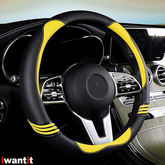 Iwantit® Steering Wheel Covers with Leather and Anti-Slip Rubber Ring, Universal Fit 14.5-15 inches for Cars,SUV (Yellow/Black)