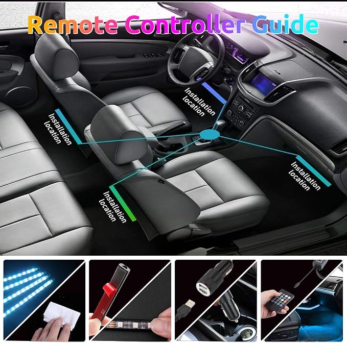 Car Interior Lights 72 LEDs, 4X Car LED Strip Lights Including Cigarette Charger, LED RGB Floor Car Lights with Music Changing Remote Control Decorative Atmosphere Ambient Lighting Kits