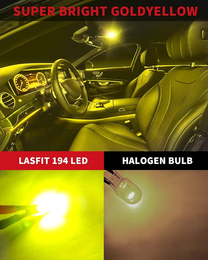 LASFIT 194 168 T10 192 2825 W5W LED Bulb Canbus Error Free, Non-Polarity 400LM Extremely Bright for Dome Map Courtesy Door Trunk Cargo Lights, 12-24V, Golden Yellow (2-Pcs)
