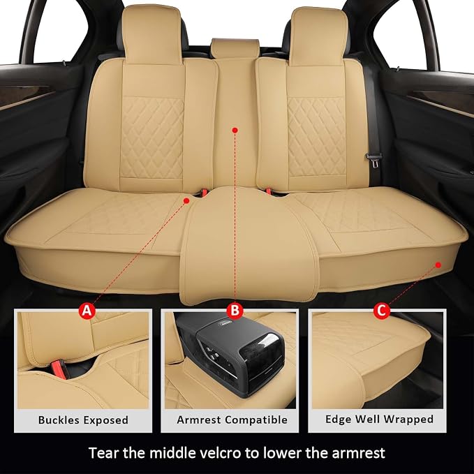 MIROZO Seat Covers Full Set, Leather Car Seat Covers Breathable Car Seat Protector Waterproof Automotive Seat Covers Non Slip Front & Rear Seat Cover Universal Fit for Most Sedan Truck and SUV (Beige)