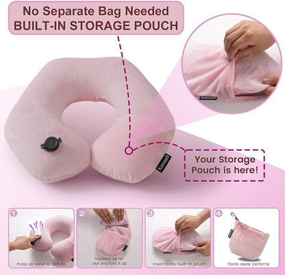 Keemall Inflatable Neck Pillow,Inflatable Travel Pillow Premium Pink U-Shaped with Soft Washable Cover, Compact Portable Airplane Travel Essentials for Flight, Car and Office, Travel Gift for Women