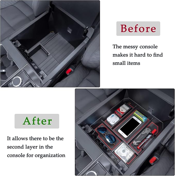 JDMCAR Center Console Organizer Compatible with 2022 2023 2024 2025 2026 Toyota Tundra Accessories and 2023-2026 toyota sequoia Armrest Secondary Storage Box ABS Material with Non-Slip Mats (Red Trim)