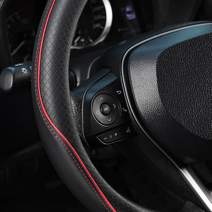 SEG Direct Steering Wheel Cover 14.5-15 inch (37-39 cm) Medium Size, Microfiber Leather, Non-Slip Comfortable Grip, Fits Cars Trucks SUVs, Black and Red
