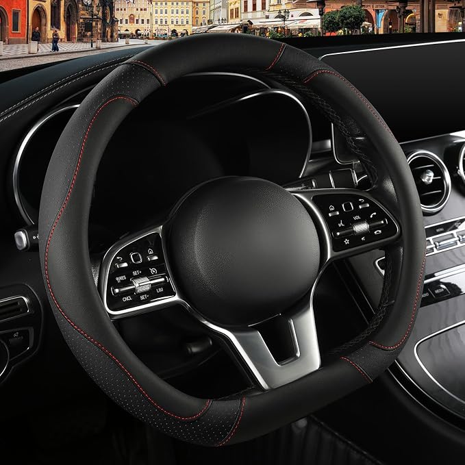 Microfiber Leather D Shaped Steering Wheel Cover, Breathable, Anti Slip, Universal 15 inch, Black