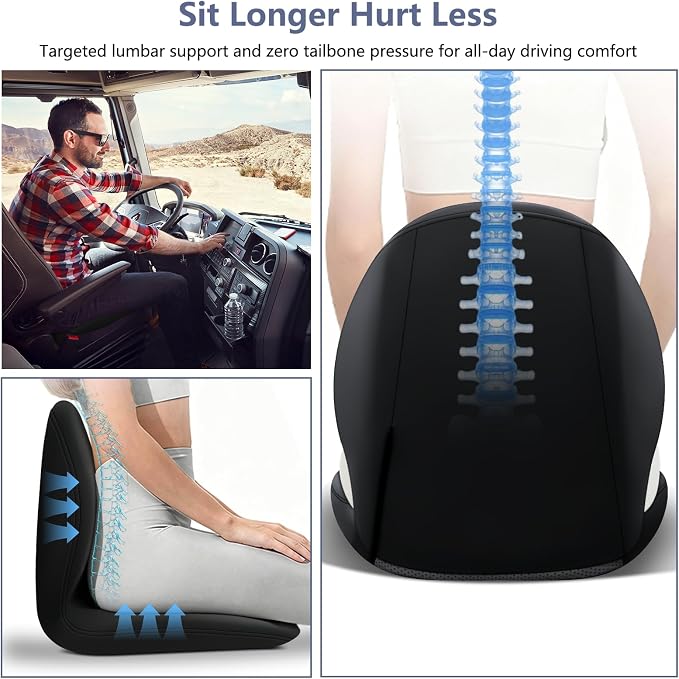 Car Seat Cushion with Lumbar Support Pillow - Memory Foam Driver Seat Cushion for Back & Sciatica Pain Relief, Washable Cover, Non-Slip Bottom for Long Driving, Office Chair & Truck (Black)
