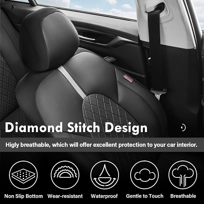 Coverado Car Seat Covers, Front Seat Covers for Car, Leather Seat Covers Waterproof Car Seat Protectors Universal Fit for Most Cars SUV Trucks (Black-White)