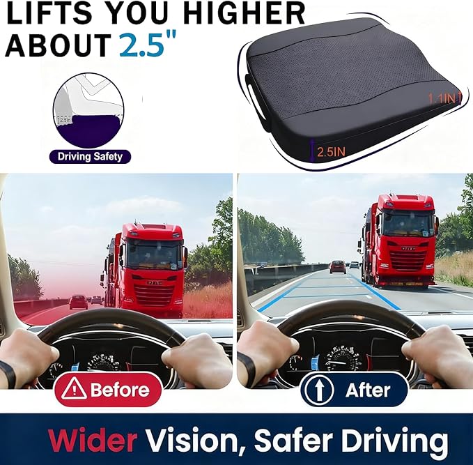 Car Seat Cushion,Thickened Comfort Memory Foam Seat Cushions for Car and Office Chair - Sciatica & Lower Back Pain Relief, Driver Seat Pillow for Auto, Office Chair, Wheelchair Pad-Black
