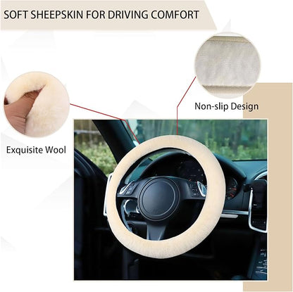 Ziciner Fuzzy Steering Wheel Cover, 15 inch Soft Wool Fur Steering Wheel Protector, Fluffy Wheel Covers for Winter Warm, Car Interior Decoration Accessories for Women Men (Beige)