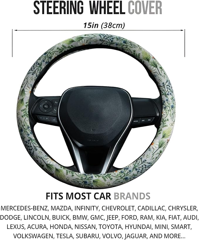 Faux Embroidery Flowers Steering Wheel Cover Auto Steering Wheel Protector, Anti-Slip, Breathable, Absorbing Sweat, Universal Floral Car Accessories 14.5–15 inch,Fit for Most Car, Trucks, SUV
