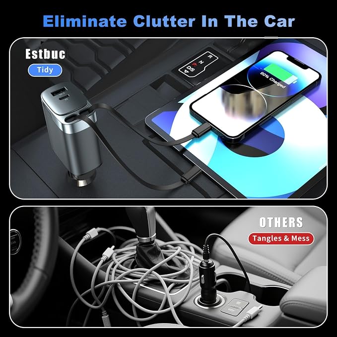 Retractable Car Charger, 4 in 1 Car Charger USB C Fast Charge, Cigarette Lighter USB Charger, Travel Essentials Car Accessories Gifts for Men Women for iPhone 17 16 15 14 13 12 Pro Max, Samsung