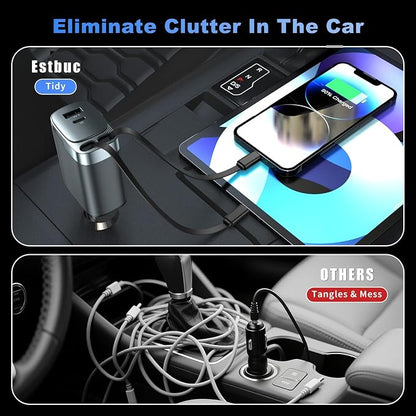 Retractable Car Charger, 4 in 1 Car Charger USB C Fast Charge, Cigarette Lighter USB Charger, Travel Essentials Car Accessories Gifts for Men Women for iPhone 17 16 15 14 13 12 Pro Max, Samsung