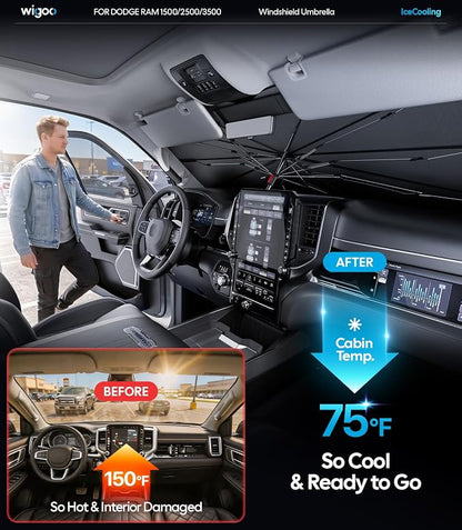 Wigoo Windshield Sun Shade Umbrella for Dodge RAM 1500/2500/3500 [100% Sun Blockage, Ice Cooling Fabric] Heat Insulation Front Window Sunshade Umbrella for Dodge RAM 1500/2500/3500 2019-2026