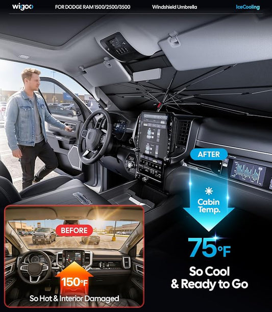 Wigoo Windshield Sun Shade Umbrella for Dodge RAM 1500/2500/3500 [100% Sun Blockage, Ice Cooling Fabric] Heat Insulation Front Window Sunshade Umbrella for Dodge RAM 1500/2500/3500 2019-2026