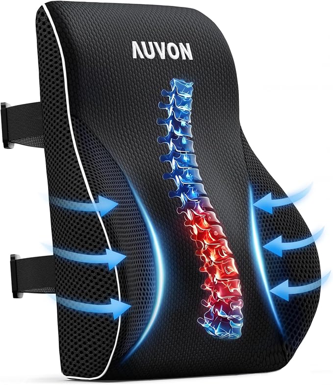 AUVON Lumbar Support Pillow for Office Chair with Patented Bulge for Lower Back Support, Ergonomic Office Home Essentials Improve Posture, Memory Foam Chair Cushion with Straps for Home, Office, Car