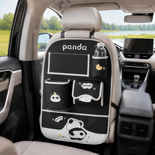 YUNZLAN Cute Panda Leather Car Backseat Organizer 1 Pack Car Seat Back Protectors with Clear 10" Tablet Holder + 4 Storage Pockets