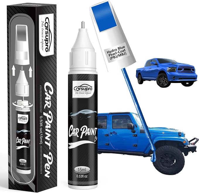 Hydro Blue Pearl-Coat(PBJ/MBJ) for Ram Touch Up Paint Pen, 2 in 1 Car Scratch Remover with Pen Tip and Brush, Precise Color Match for Car Paint Scratch Repair, Quickly and Easily Fix Chips and Nicks