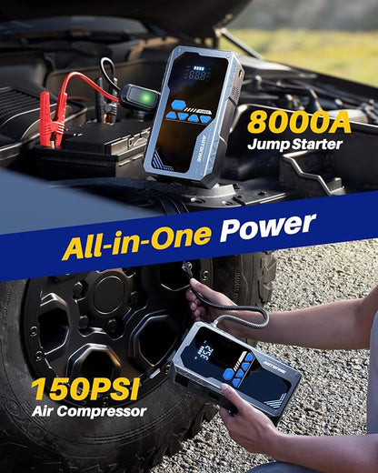 AUTOONE JWA2 Jump Starter with Air Compressor (All Gas/12L Diesel), 150PSI Car Jumper Starter Portable, Jump Box Tire Inflator with LED Flashlight, LCD Display, Storage Case
