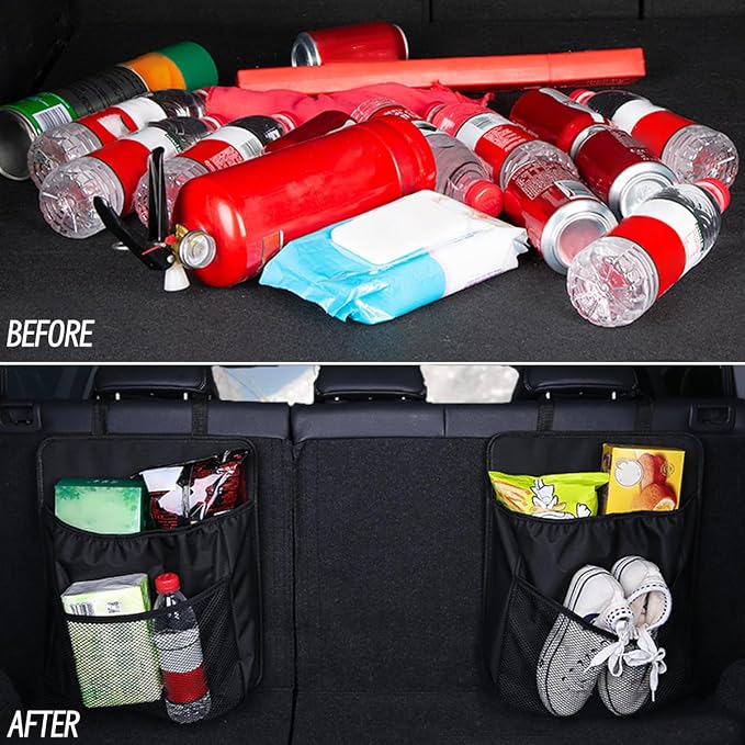 HZEL Car Trunk Organizer, Vehicle Backseat Hanging Storage Bag with Netting Pouch, Multifunctional Automotive Interior Seat Back Box Accessories, Universal for SUV, Sedan, Truck