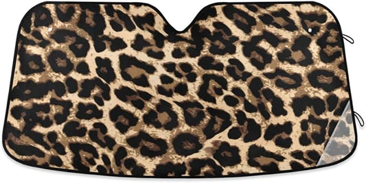 Leopard Print Car Windshield Sun Shade Foldable UV Ray Sun Visor Protector Sunshade to Keep Your Vehicle Cool (51" x 27")