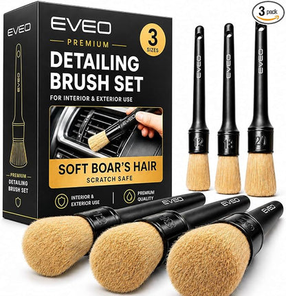 EVEO Car Detailing Brush Set - (3 Pack) Car Detailing Kit Interior, Car Interior Detailing Kit Car Detailing Brushes - Car Cleaning Brush, Car Detailing Brushes, Car Detailing Tools | Soft Boars Hair