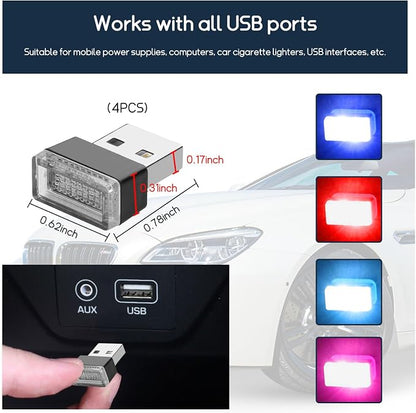 Dickno 4 PCS USB LED Car Interior Atmosphere Lamp, Portable Mini LED Night Light, Plug-in USB Interface Trunk Ambient Lighting Kit, Vehicle Interior Accessories (Pink+Blue+Red+Ice Blue)