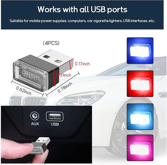 Dickno 4 PCS USB LED Car Interior Atmosphere Lamp, Portable Mini LED Night Light, Plug-in USB Interface Trunk Ambient Lighting Kit, Vehicle Interior Accessories (Pink+Blue+Red+Ice Blue)