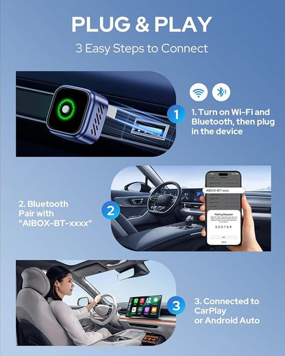 2-in-1 Wireless CarPlay & Android Auto Wireless Adapter, One-Click Switch for Apple iPhone and Android, Converts Wired to Wireless, Plug and Play for USB/USB-C, Compatible with 1000+ Vehicles