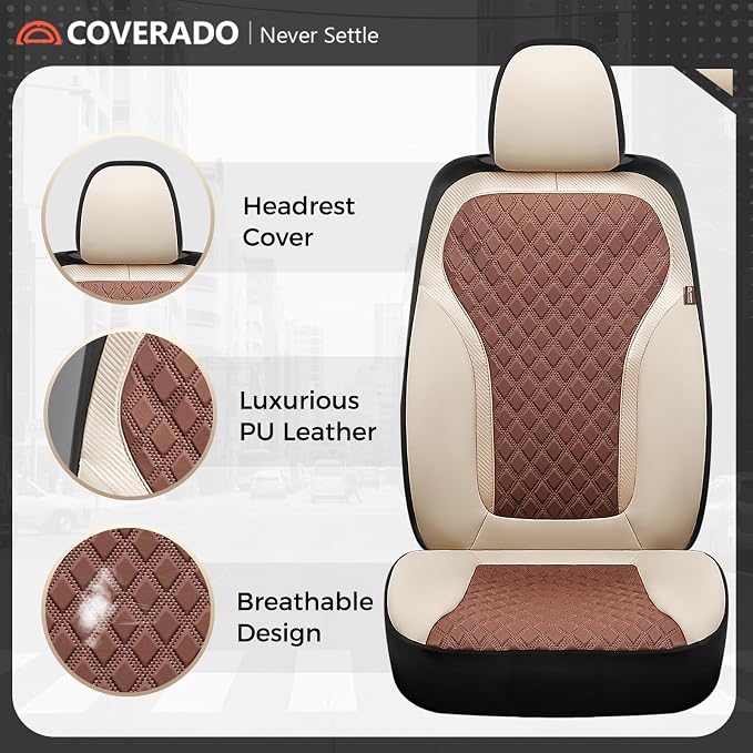 Coverado Car Seat Covers Full Set, Beige Brown Car Seat Covers, Luxury Diamond Leather Car Seat Cover with Carbon Fiber Weave, Spill-Proof Seat Cushions, Automotive Seat Cover Universal Fit Most Cars