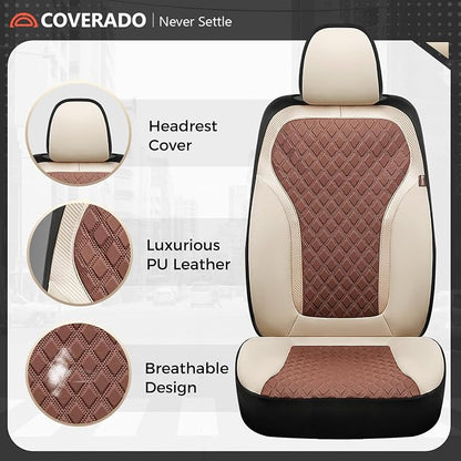 Coverado Car Seat Covers Full Set, Beige Brown Car Seat Covers, Luxury Diamond Leather Car Seat Cover with Carbon Fiber Weave, Spill-Proof Seat Cushions, Automotive Seat Cover Universal Fit Most Cars