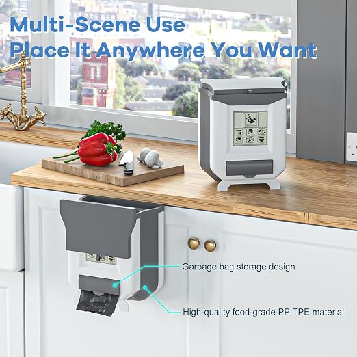 HI NINGER Small Compost Bin with Lid for Counter Top or Under Sink,Hanging Trash can,Foldable Kitchen Trash can 2.4 Gallon for Cabinet/Car Trash Can with Lid/RV/Bathroom/Camping