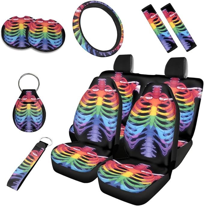 Skeleton Car Seat Covers Full Set, Rainbow Rib Cage Bucket Front Rear Seat Cover for SUV Sedan, LGBTQ Colorful Skeleton Halloween Seatbelt Pads Cup Mat Car Interior Protector