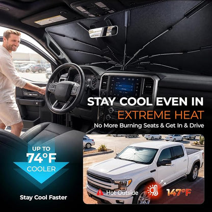 [2026 Upgraded] DooGooCoo Windshield Sun Shade Umbrella for Dodge RAM 1500 2500 3500 [100% Sunlight Blocked, Cooling Ice Crystal] Sunshade for Car Windshield for RAM Sun Shade 2019-2026.