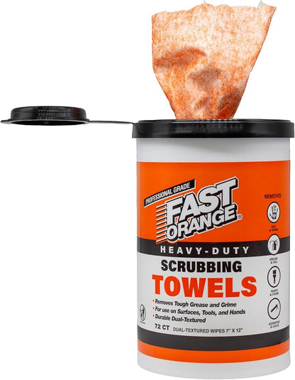 Fast Orange Heavy Duty Scrubbing Towels Removes Tough Grease, Grime, Paint, Resins, Glue and More, for Hands, Tools and Surfaces Without Sticky Residue, 72 ct