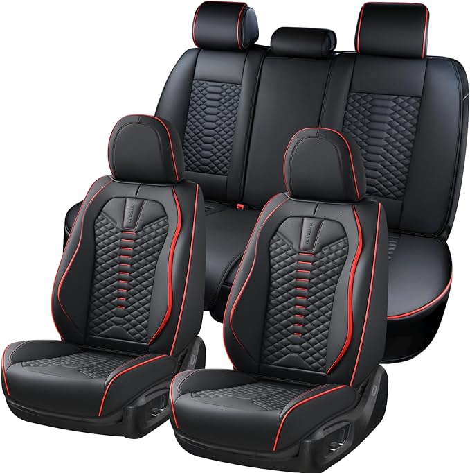 Coverado Seat Covers Full Set, Waterproof Nappa Leather Seat Covers for Cars, 5 Seats Universal Car Seat Protectors, Black Car Seat Covers Car Seat Cushions Fit for Most Cars (Black&Red)