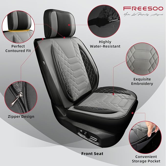 FREESOO Tundra Seat Covers 2026 2025 2024 2023 2022 Full Set, Fit for Toyota Tundra Crewmax Double Cab, Custom Truck Seat Covers with Waterproof Faux Leather BlackgGrey