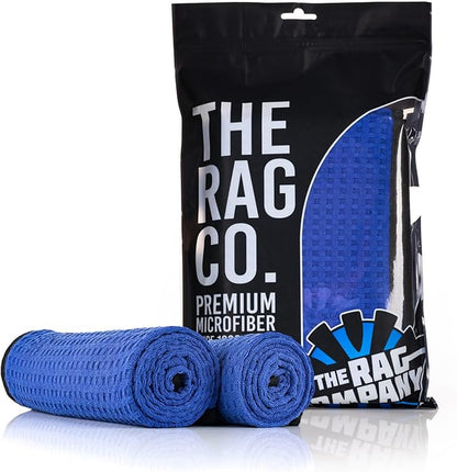 The Rag Company Dry Me A River, Professional Korean 70/30 Blend Microfiber Waffle-Weave Drying & Detailing Towels, Soft Suede Edges, 390 GSM, 20x40 Inches, Royal Blue, 2-Pack