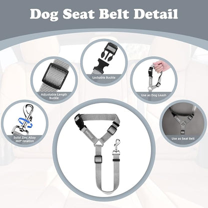 BWOGUE 2 Packs Dog Cat Safety Seat Belt Strap Car Headrest Restraint Adjustable Nylon Fabric Dog Restraints Vehicle Seatbelts Harness Grey