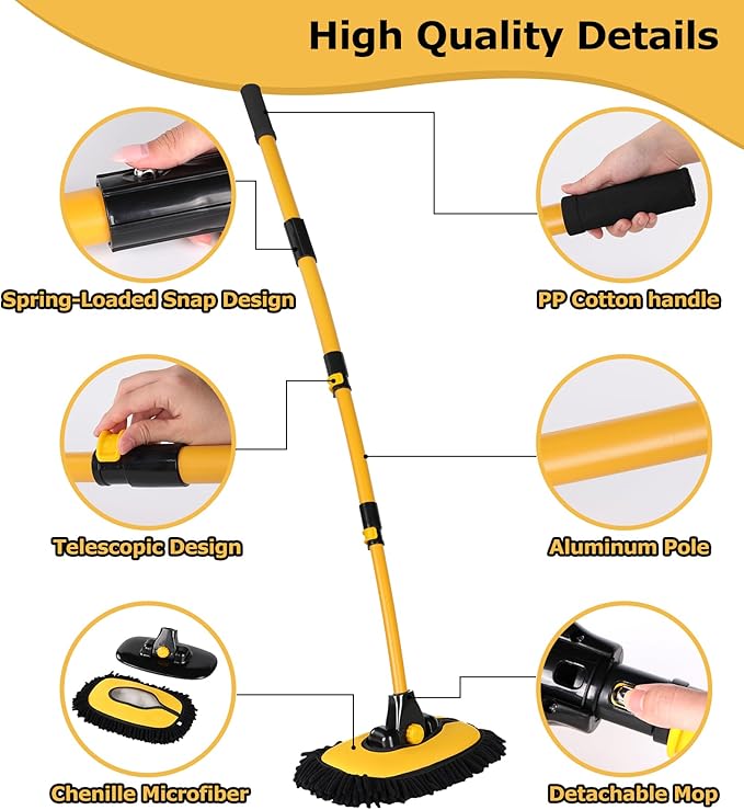 anngrowy 56.7" Car Wash Brush Mop Kit Mitt Sponge with Long Handle Car Cleaning Supplies Kit Tools Car Washing Duster Exterior Scratch Free, Chenille Replacement Head Extension Pole