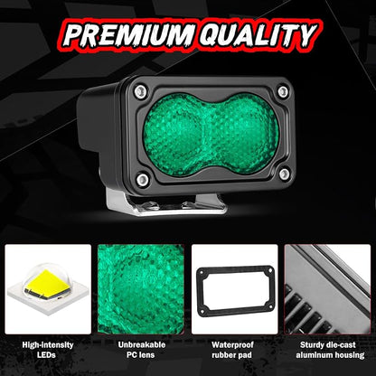 Green LED Pod Lights 3 Inch Auxiliary Driving Chase Light 2PCS Off Road Backup Fog Cube Light Bar Green Hunting Fishing Emergency Safety Signal Lights for Truck UTV Pickup Boat