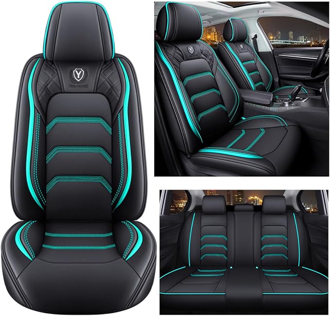 Comfortable Leather Auto Car Seat Covers 5 Seats Full Set Universal Fit (Black & Green)