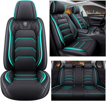 Comfortable Leather Auto Car Seat Covers 5 Seats Full Set Universal Fit (Black & Green)