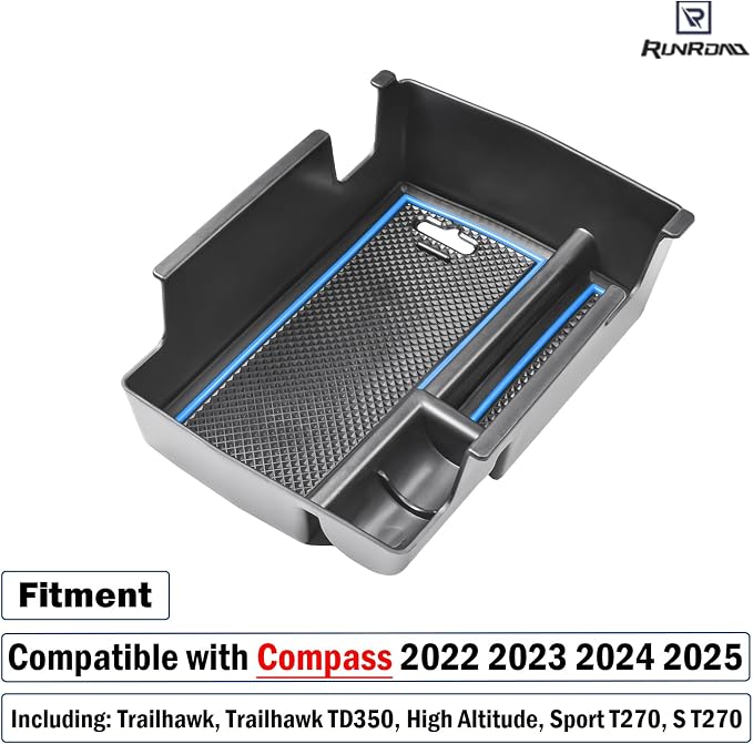 RUNROAD Center Console Organizer Tray Compatible with Jeep Compass 2022-2025 Accessories, Coin Holder Armrest Tray Secondary Storage Box Insert Console Organizer Card Container, Blue (NOT For Ltd)