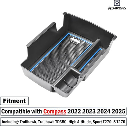 RUNROAD Center Console Organizer Tray Compatible with Jeep Compass 2022-2025 Accessories, Coin Holder Armrest Tray Secondary Storage Box Insert Console Organizer Card Container, Blue (NOT For Ltd)