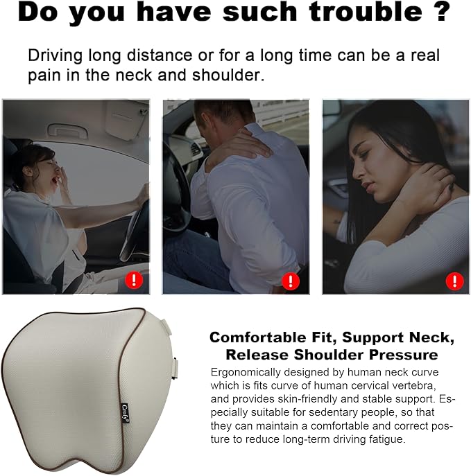 Crofy 2 Pack Car Neck Pillow, Softness Car Headrest Pillow for Driving with Adjustable Strap, 100% Memory Foam and Breathable Removable Cover, Comfortable Ergonomic Design, Gray & Brown